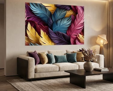 Modern living room featuring colorful feather wall art and a beige sofa with decorative pillows.