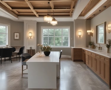 A partially constructed or renovated interior space featuring exposed brick walls and wooden ceilings. A white door is visible in the background next to a red painted wall. A plastic sheet covers furniture on the right side, and there are construction materials scattered across the floor.