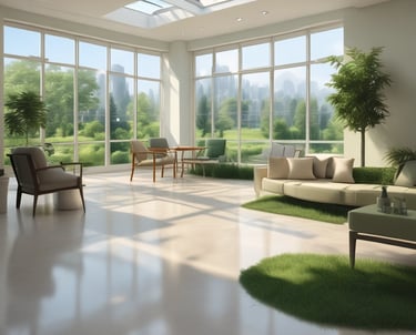 A collection of eco-friendly cleaning products and personal care items laid out on a flat surface. The composition includes bottles of cleaning sprays with silver metallic finishes, glass bottles of essential oils, wooden toothbrushes, a rectangular bar of natural soap, and various cleaning brushes with wooden handles. The arrangement is visually appealing, with shadows adding depth and texture.