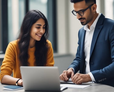 A group of people are in an office setting, engaged in discussion around a computer screen displaying design mockups. The atmosphere suggests a collaborative work environment with attention focused on the digital content.