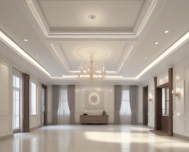 A modern interior space features wooden vertical slats forming partitioned areas, with a partially visible car on the left. The setting has contemporary furniture, including chairs and tables, visible through the slats. The lighting is soft, creating a sophisticated ambiance.