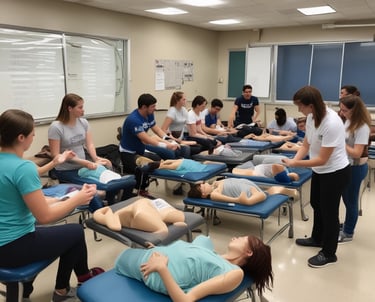 A group of eight people is standing indoors on a wooden floor, each holding a certificate. They are dressed in formal or semi-formal attire, including suits and dresses. Behind them, there are banners related to a conference and photography equipment like lights.