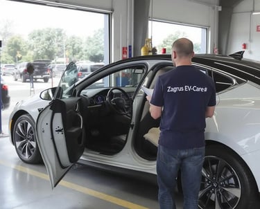 Techniker misst den Zustand der Hochvoltbatterie – Zagrus EV Care