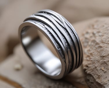 Close-up of a sleek, sensual men's ring resting on a dark velvet cushion
