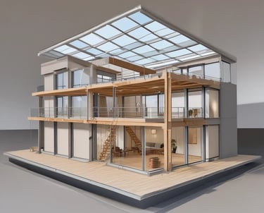 A detailed blueprint and model of a prefabricated house under construction.