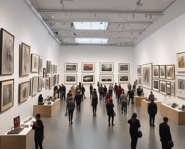 A modern art gallery with wooden flooring and neutral-colored walls, displaying black and white photographs in sleek frames along the walls. The space is well-lit with a combination of natural light from skylights and ceiling-mounted lighting fixtures.