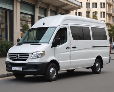 A modern shuttle bus parked outside an office building with employees boarding.