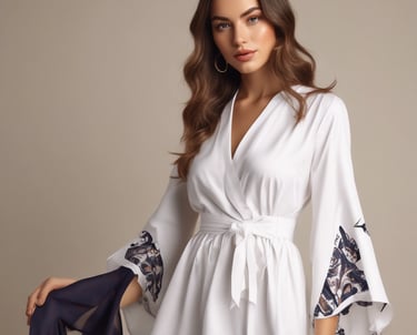 a woman in a white blouse and blue pants