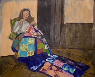 painting of woman making a quilt