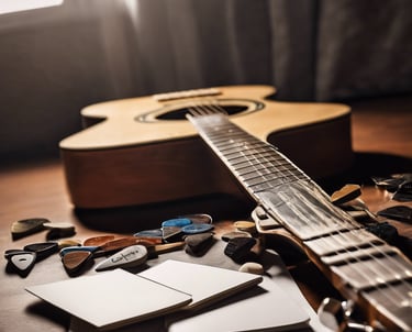 A black electric guitar is displayed next to a variety pack of guitar picks on a green surface. The picks are set on a dark, textured card, and an accompanying booklet is visible with detailed instructions and graphics.