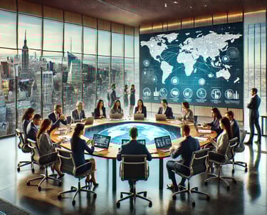 Reunião corporativa em uma sala moderna com vista para uma cidade grande