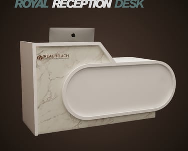 Modern reception desk with curved design and welcoming style