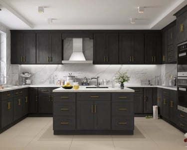 a kitchen with a marbled counter top and a marbled counter top