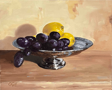 Still life oil painting of purple grapes and lemons in a silver bowl on a wooden table.