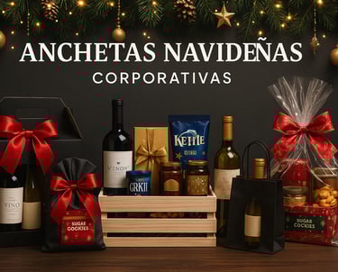 Banner panorámico de anchetas navideñas corporativas en Medellín con botellas de vino, dulces gourmet y empaques elegantes de