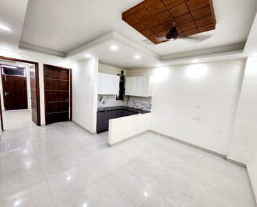 Living Room with Open Modular Kitchen of 2 BHK Modern Builder Floor with Balconies — Chattarpur