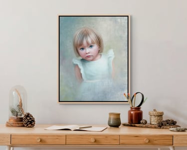 a portrait of a young girl in a blue dress