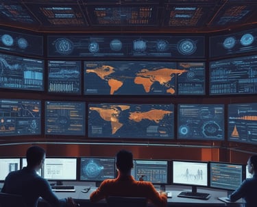 A dimly lit desk setup featuring a computer monitor displaying a document titled 'General Hardening Guideline'. The desk has a mechanical keyboard with blue and red keys, a lamp providing light on the right side, and various small items including notes pinned to the wall, a notebook, and a cup. There is a mesh office chair in front of the desk.