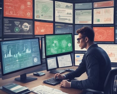A dimly lit desk setup featuring a computer monitor displaying a document titled 'General Hardening Guideline'. The desk has a mechanical keyboard with blue and red keys, a lamp providing light on the right side, and various small items including notes pinned to the wall, a notebook, and a cup. There is a mesh office chair in front of the desk.