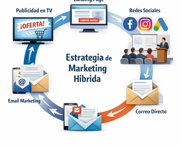 Estrategia de marketing híbrida integrando canales tradicionales y digitales para máximo impacto