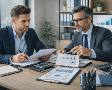 Empresario evaluando documentación fiscal con asesor profesional especializado