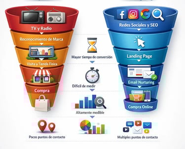 Comparación del customer journey y funnel de conversión en marketing tradicional vs digital