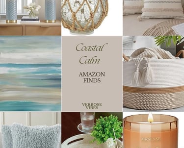 Collage of coastal home decor including seashell accents, rattan furniture, ocean-themed wall art, l