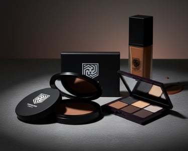 A collection of luxury makeup products including a foundation bottle, neutral eyeshadow palette, and compact powder.
