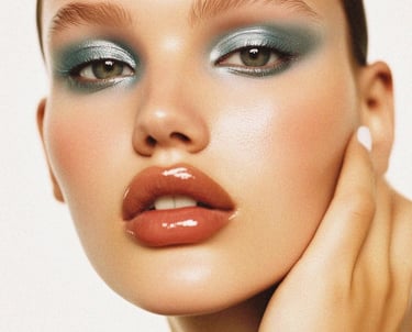 Woman with icy blue eyeshadow and brown lip gloss