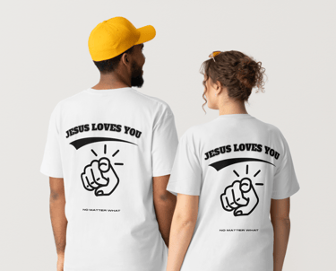 two people wearing jesus loves you t-shirt