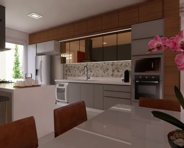 Cozinha moderna com ilha central, banquetas cinza, armários cinza e amadeirados, coifa preta.