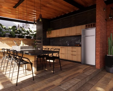 Espaçosa área de lazer com cozinha e jantar integrados, design em madeira clara, detalhes em preto,