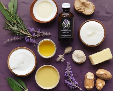 Three hemp-based skincare products are arranged on a smooth, white surface. Two are dropper bottles with dark blue glass and white labels, and one is a small jar with a screw-top lid, also featuring a white label. Natural lighting casts soft shadows on the surface.