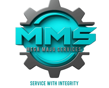 Mega Maju Services (MMS) logo – turquoise and grey 3D gear design with slogan ‘Service With Integrit