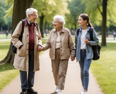 Una pareja de personas mayores dando un paseo por un parque con una chica joven.
