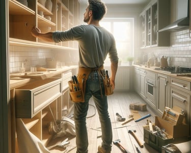 man installing cabinets