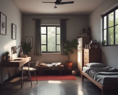 A cozy minimalist kost room with natural light and tropical plants in Bali.