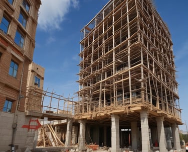Photo of a professional team discussing construction documents in an office.