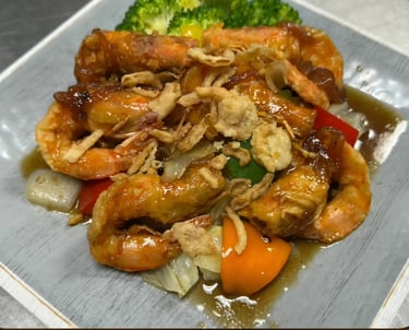 South Thailand Tamarind Shrimp with jumbo prawns and crispy onions at Jai Dee Thai Kitchen