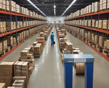 Modern factory workers inspecting packaging materials on a production line.