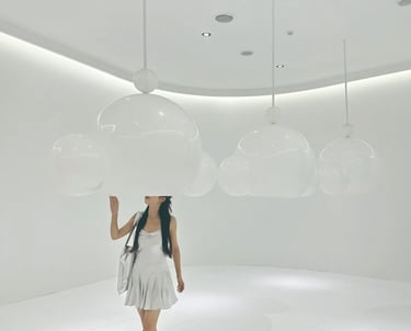 Floating Bubble Installation for SKULLPANDA Sonic Illusion Exhibition White Room Display in Shanghai by DEFARA
