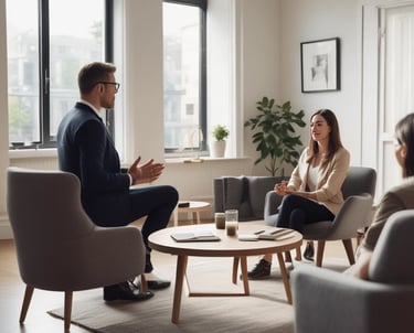 A serene meeting room with a round table and comfortable chairs, symbolizing a peaceful mediation environment.