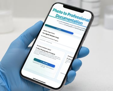 Mobile phone screen showing derm describe app being held by a gloved hand