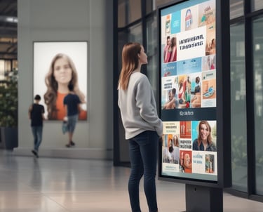 A digital totem displaying advertisements in a busy area.