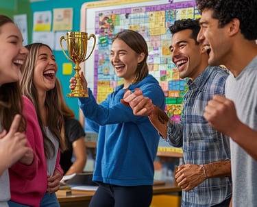 a group of people standing around a trophy, celebrating