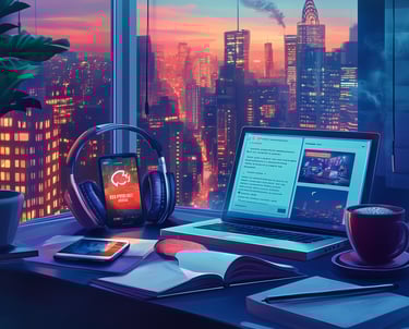 a laptop computer and a tablet sitting on a desk with a cell phone and headphones