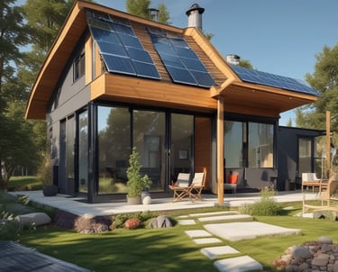 Two people are working with solar panels in a garden surrounded by vegetation. One person stands on a ladder installing or inspecting the panels. The area is bordered by tall hedges and trees, and a red house is visible in the background under a clear blue sky.