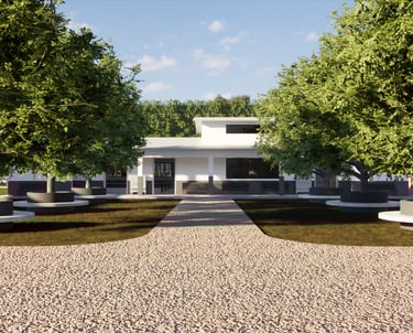 Refeitório da fazenda com ambiente amplo e área de convivência coberta