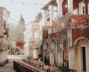 a long table with a long table set up for a dinner