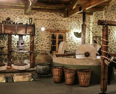 a room with a stone wall and a horse